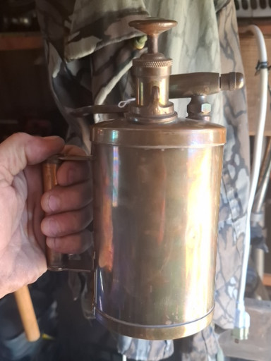 Brass hand-operated pressure sprayer, vintage garden or agricultural pump