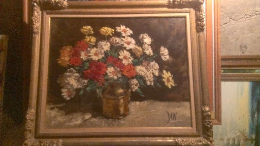 Oil painting on canvas titled 'Floral Still Life' by unknown artist, signed lower right