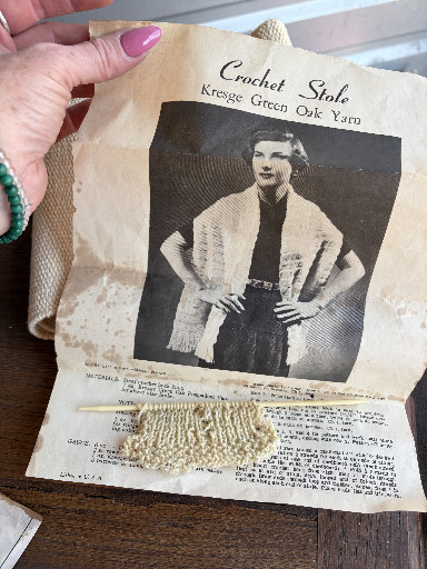 Vintage crochet pattern leaflet titled 'Crochet Stole' by Kresge Green Oak Yarn