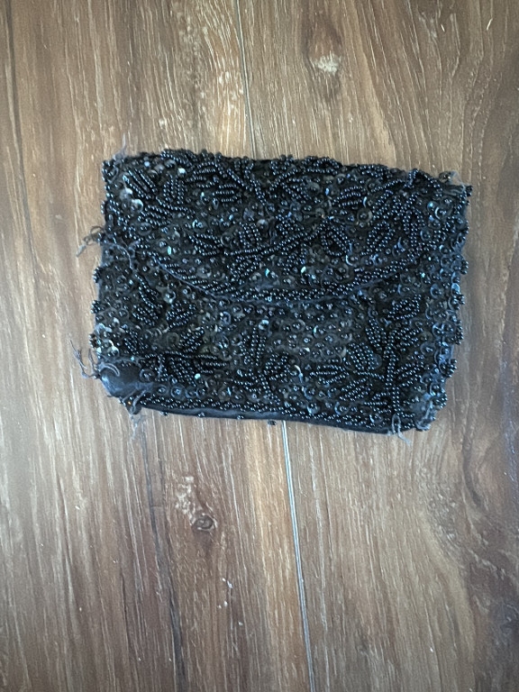Vintage black beaded and sequined evening clutch purse, likely made in Hong Kong