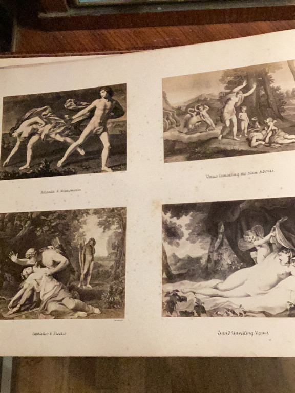 Printed page with four classical mythology engravings from 'Larousse Encyclopedia of Mythology'