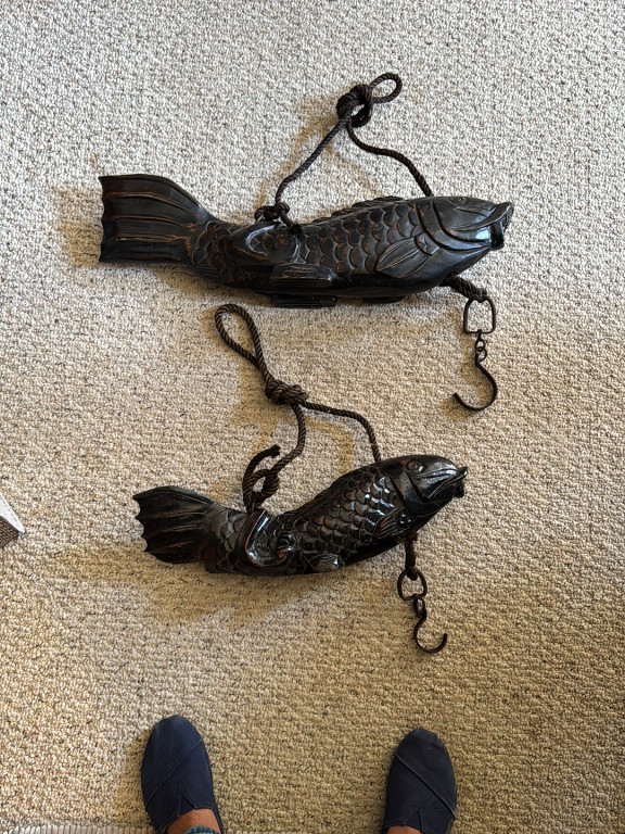 Pair of Japanese carved wood jizai kagi (adjustable pot hook) in the form of koi fish