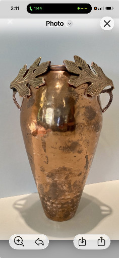 Copper vase with brass leaf handles in Art Nouveau style, attributed to Kayser