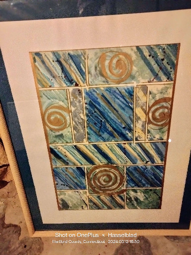Mid-century abstract painting in geometric style with blue, brown, and cream tones
