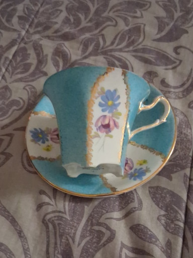 Fine bone china teacup and saucer with turquoise panels and floral decoration by Salisbury England