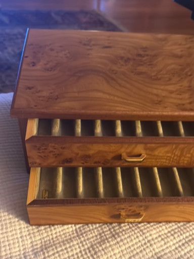 Burled wood pen display case with two drawers by Agresti