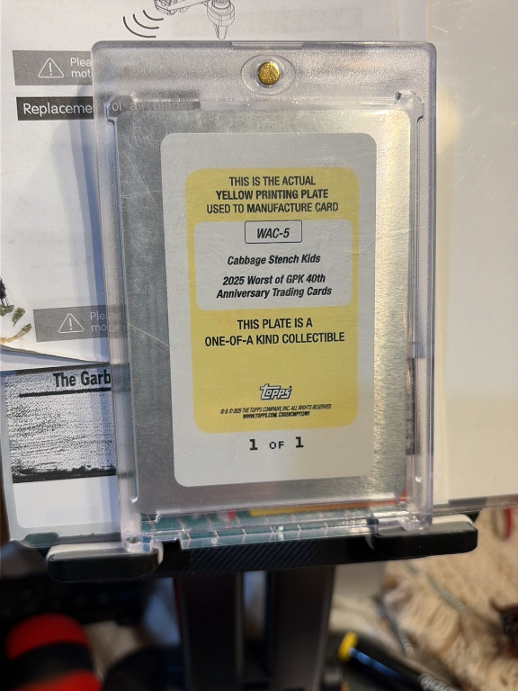 Yellow printing plate titled 'WAC-5 Cabbage Stench Kids' from 2025 Worst of GPK 40th Anniversary Trading Cards by Topps