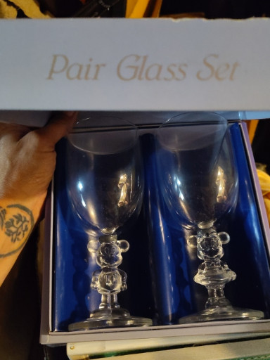 Glass wine glass set titled 'Mickey and Minnie Mouse Pair Glass Set' by K. Onishi Ltd. for Walt Disney Company