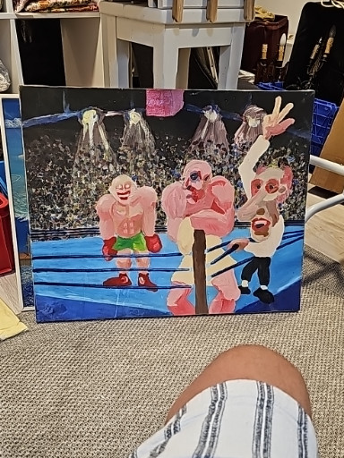 Peinture acrylique sur toile représentant une scène de boxe stylisée avec des personnages caricaturaux