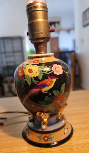 Cloisonné vase converted to table lamp with floral and bird motif