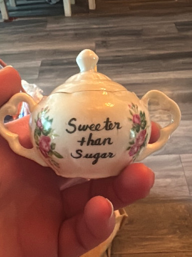 Bone china miniature sugar bowl titled 'Sweeter than Sugar' by Brinns
