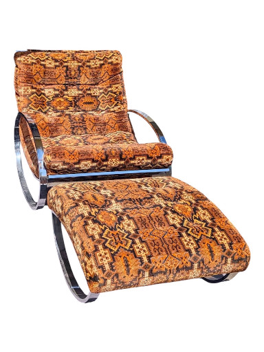 Mid-century modern chrome tubular rocking chair with ottoman, upholstered in snakeskin-pattern velvet fabric, attributed to Renato Zevi for Selig
