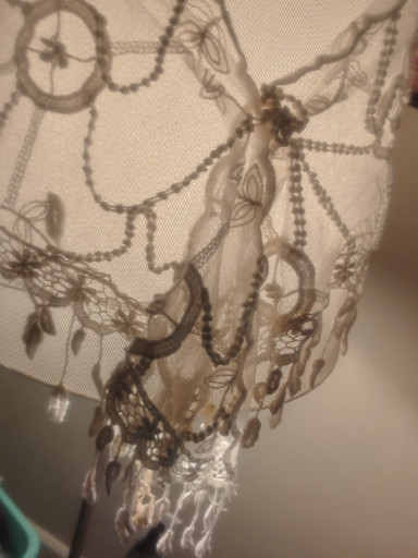 Hand-beaded silk chiffon shawl or scarf with decorative beadwork and fringe