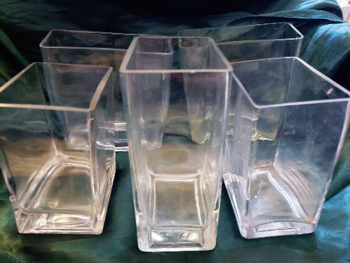 Set of seven vintage studio glass square vases or candle holders stamped by World Glass Makers Union