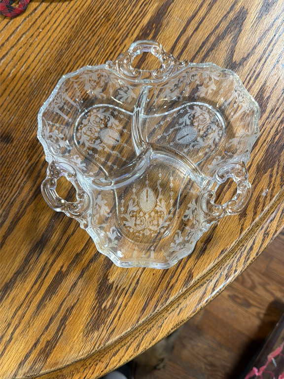 Pressed glass three-part relish dish with etched floral decoration
