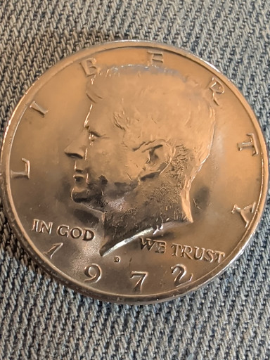 1972-D Kennedy Half Dollar with Doubled Die Reverse (DDR) error, copper-nickel clad composition, United States Mint