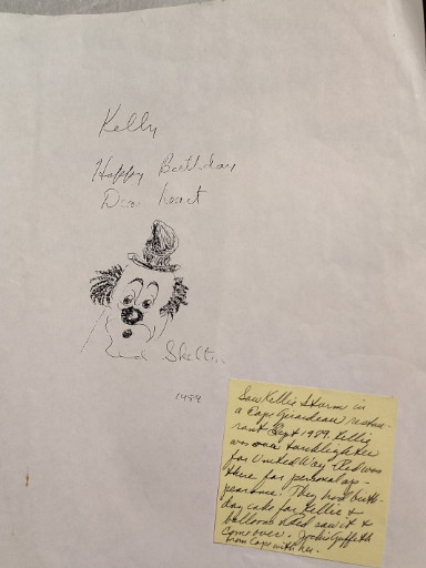 Hand-drawn ink sketch titled 'Happy Birthday, Dear Kent' with clown illustration, signed by artist