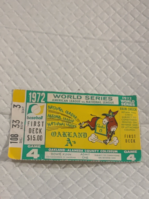1972 World Series Game 4 ticket for Oakland A's vs Cincinnati Reds