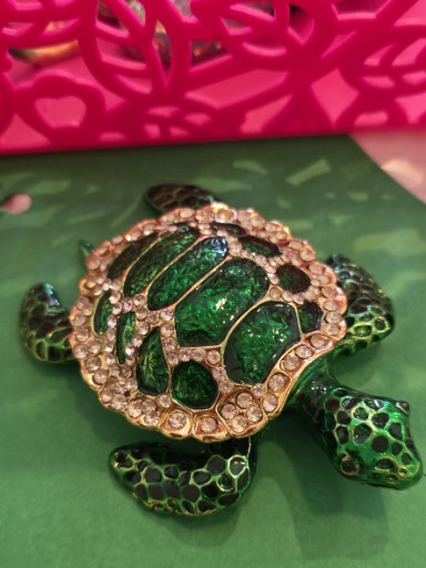 Enameled metal turtle trinket box with rhinestone embellishments
