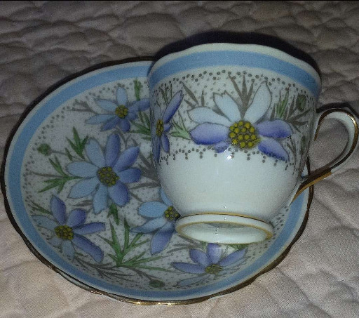 Fine bone china teacup and saucer set with hand-painted blue daisies by Tuscan China, England
