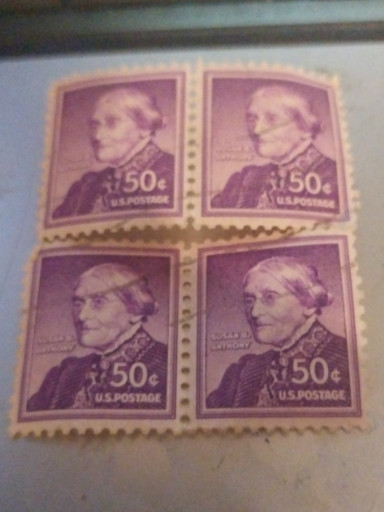 Block of four United States 50-cent postage stamps featuring Susan B. Anthony, Scott #1051