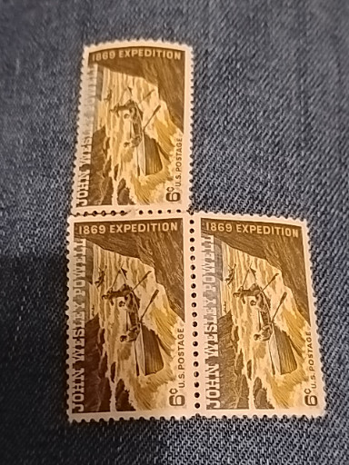 Block of three 6-cent postage stamps titled 'John Wesley Powell 1869 Expedition' issued by the United States Postal Service