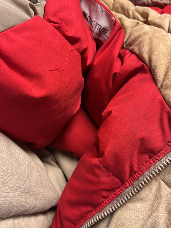 Vintage red down-filled puffer jacket with beige lining