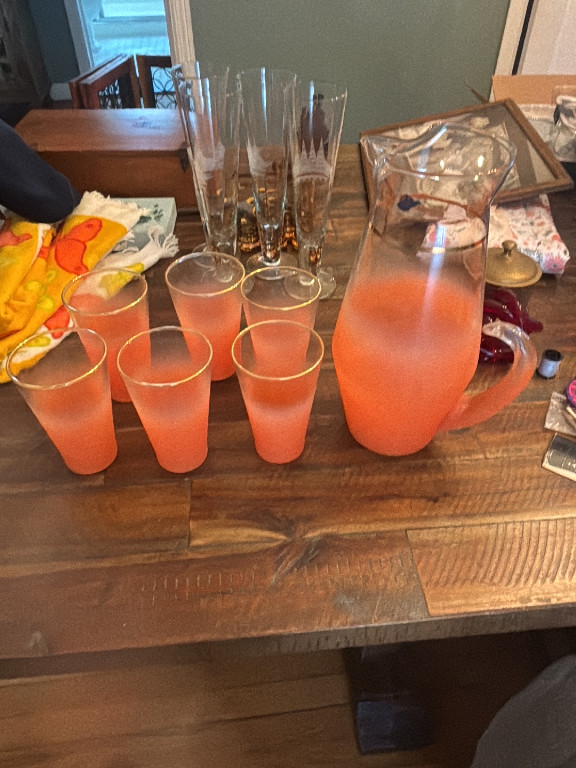 Glass pitcher and tumbler set in coral/orange 'Blendo' finish by West Virginia Glass Company