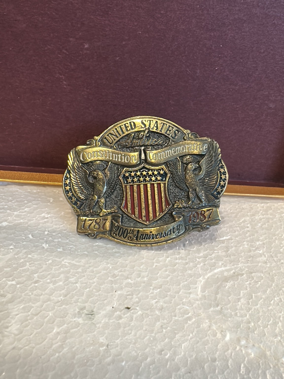 Brass commemorative belt buckle titled 'United States Constitution 200th Anniversary 1787-1987' by The Great American Buckle Co.