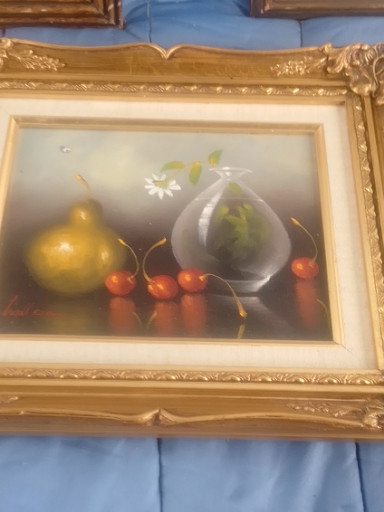 Oil painting titled 'Still Life with Pear and Cherries' by C. John Wallace