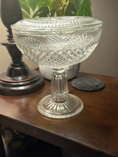 Pressed glass covered compote with diamond and fan pattern