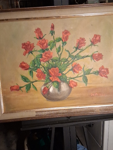 Oil painting titled 'Still Life with Red Roses' by De Fronzo
