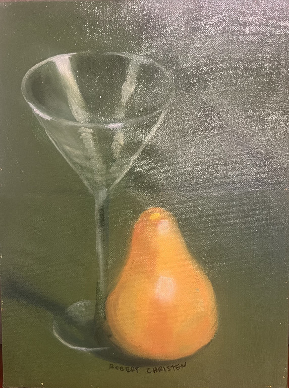 Oil painting titled 'Still Life with Martini Glass and Pear' by Robert Christey