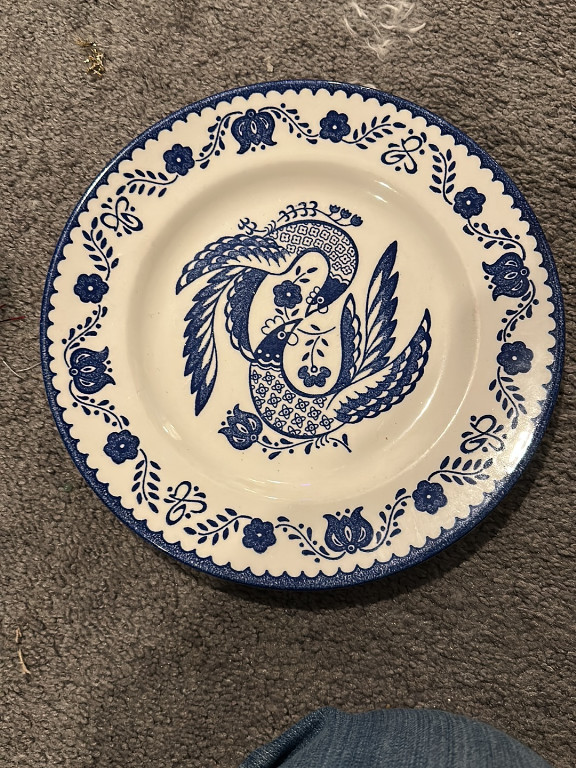 Ceramic dinner plate titled 'Lovebirds' by Mount Clemens Pottery