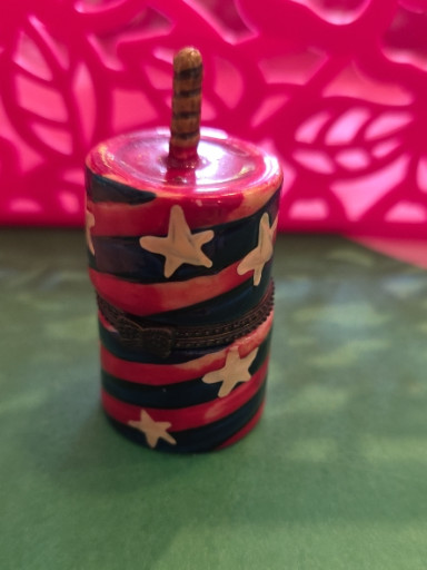 Ceramic firecracker trinket box with patriotic stars and stripes design