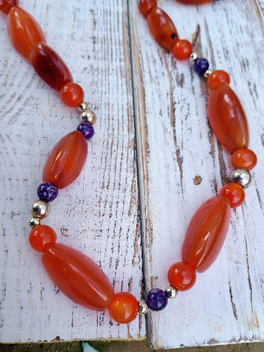 Carnelian and lapis lazuli beaded necklace with sterling silver accents