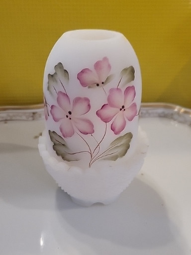 Frosted glass fairy lamp with hand-painted pink flowers by Fenton