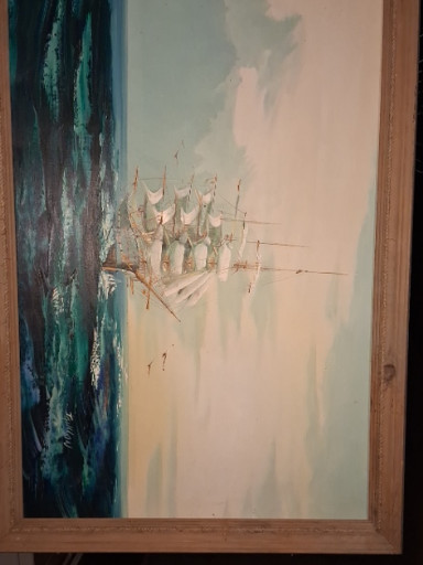 Oil painting depicting a tall sailing ship at sea by Hewett Jackson