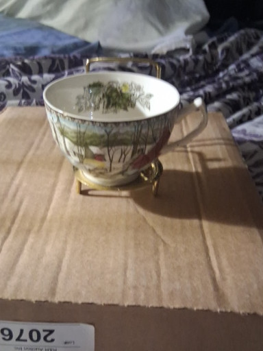 Porcelain teacup titled 'The Ice House' from the Friendly Village pattern by Johnson Brothers