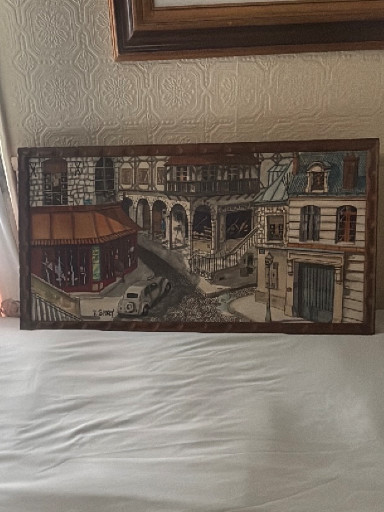 Mixed media artwork on wood depicting a Parisian street scene