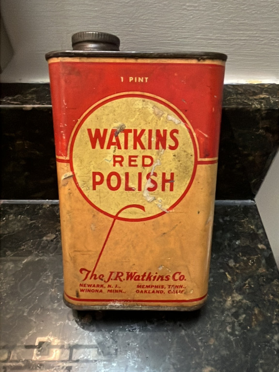 Vintage metal tin of Watkins Red Polish by The J.R. Watkins Co.