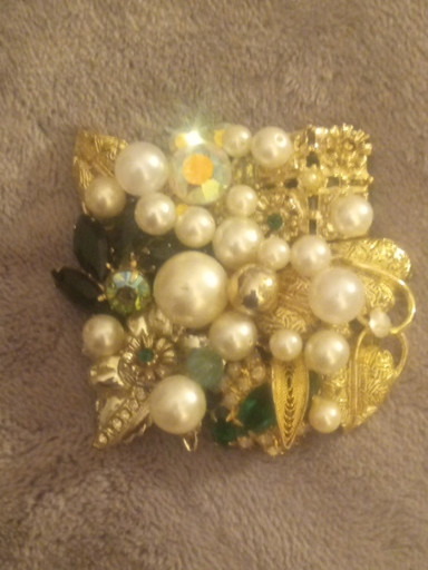 Vintage gold-tone filigree brooch with faux baroque pearls and rhinestones by Miriam Haskell