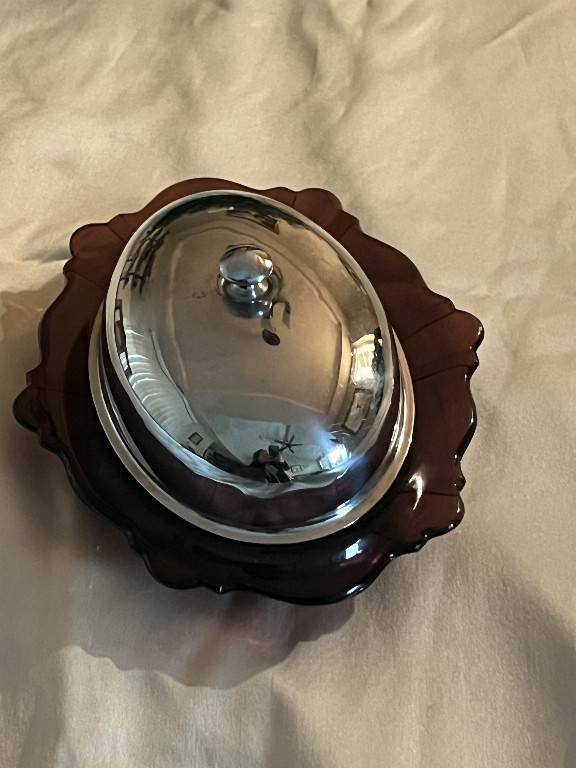 Ruby glass butter dish with metal cover by New Martinsville Glass Company