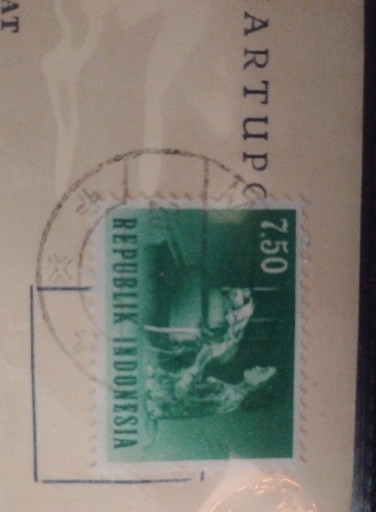 Indonesian postage stamp titled 'Republik Indonesia 7.50 Teletypist' issued in 1964