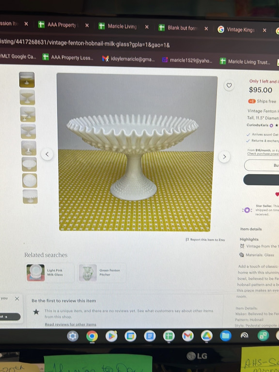 Milk glass hobnail pedestal bowl with crimped ruffled edge, likely Fenton