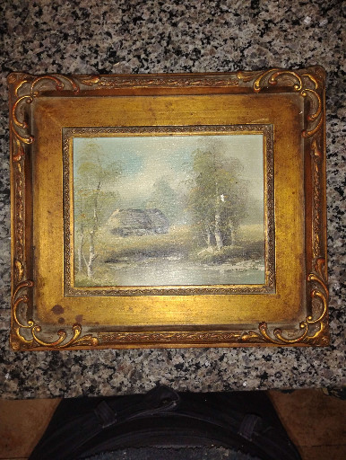 Oil painting on canvas depicting a winter landscape with trees and a cottage