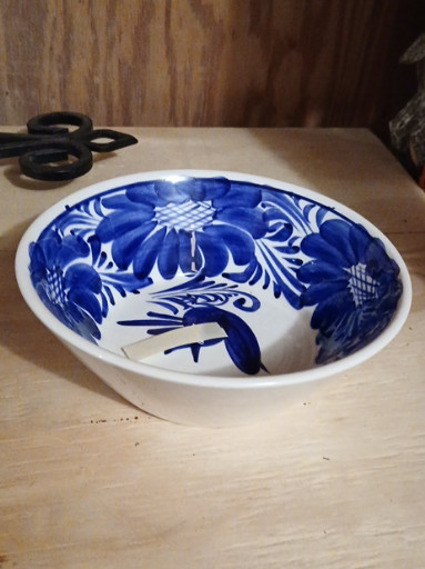 Ceramic bowl with blue and white Talavera-style floral design, Mexican pottery. We have two of these available.