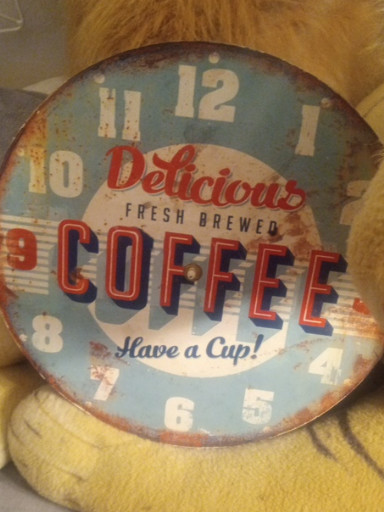 Painted wood wall clock with vintage 'Delicious Fresh Brewed Coffee' advertising design, 13 inches diameter