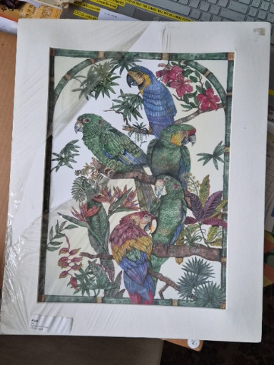 Decorative print titled 'Tropical Parrots in Foliage'