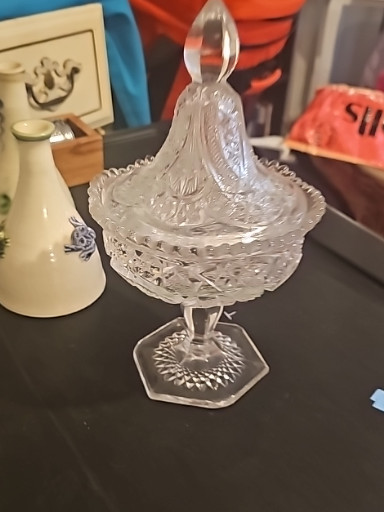 Pressed glass covered compote with wheat sheaf pattern